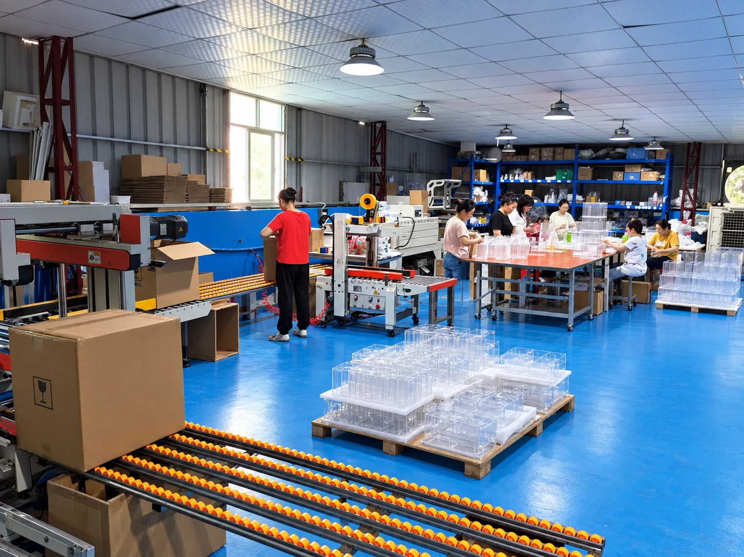 Acrylic components, packing worktables, cartons and a conveyor in a packing and assembly area