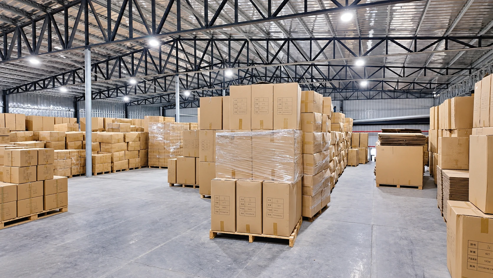 Wrapped cartons grouped on pallets in an export dispatch warehouse