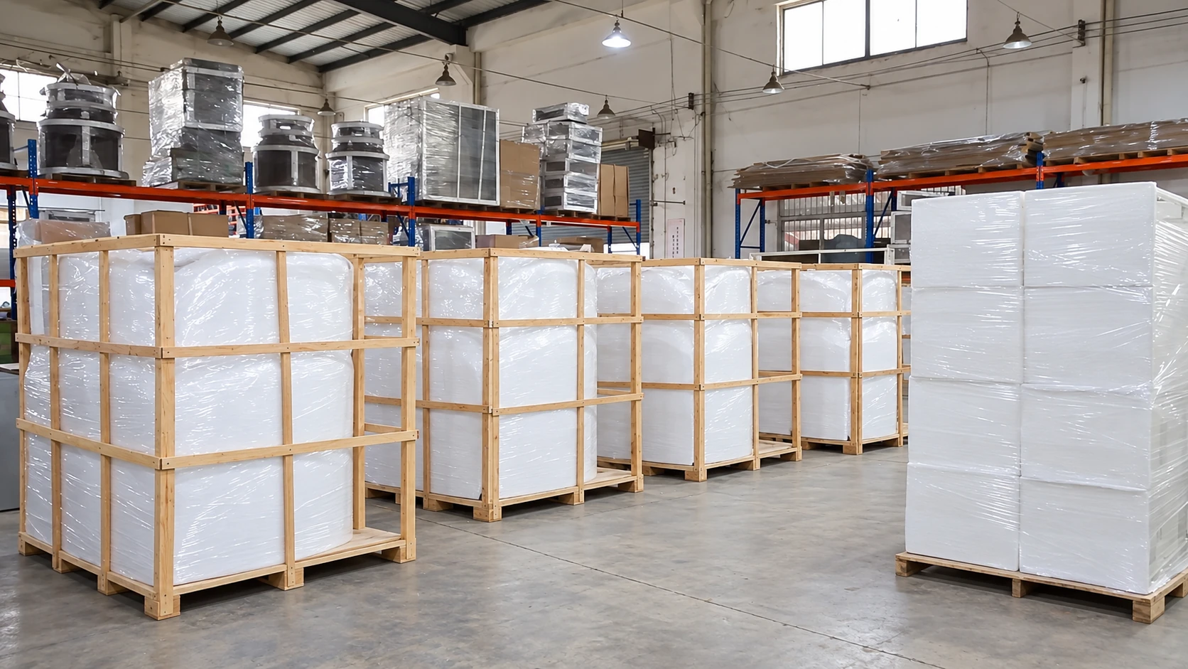 Wooden-frame protective packaging around packed display units in a dispatch area