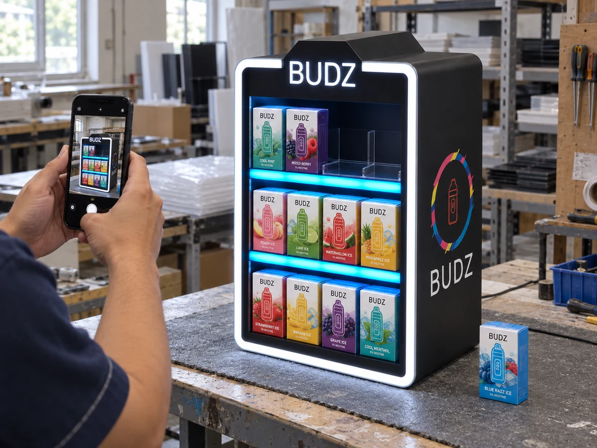 Photographing an illuminated display prototype with product samples and clear shelf dividers