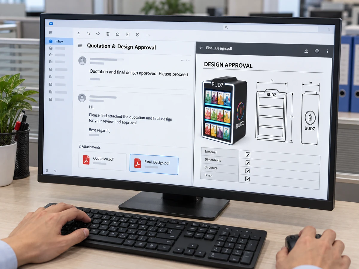 A monitor showing a quotation approval email and the final display design document