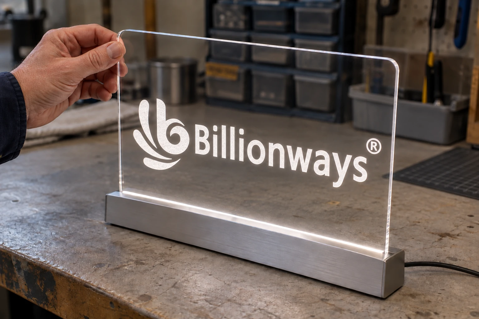 Hand inspecting an edge-lit acrylic Billionways logo panel in a brushed metal LED base